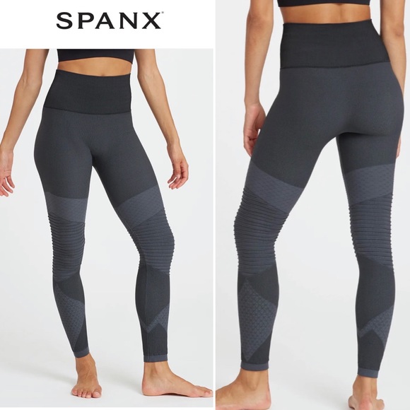 SPANX Look at Me Now Seamless Moto Leggings Black Gray Color Block High Rise XL - Picture 2 of 16